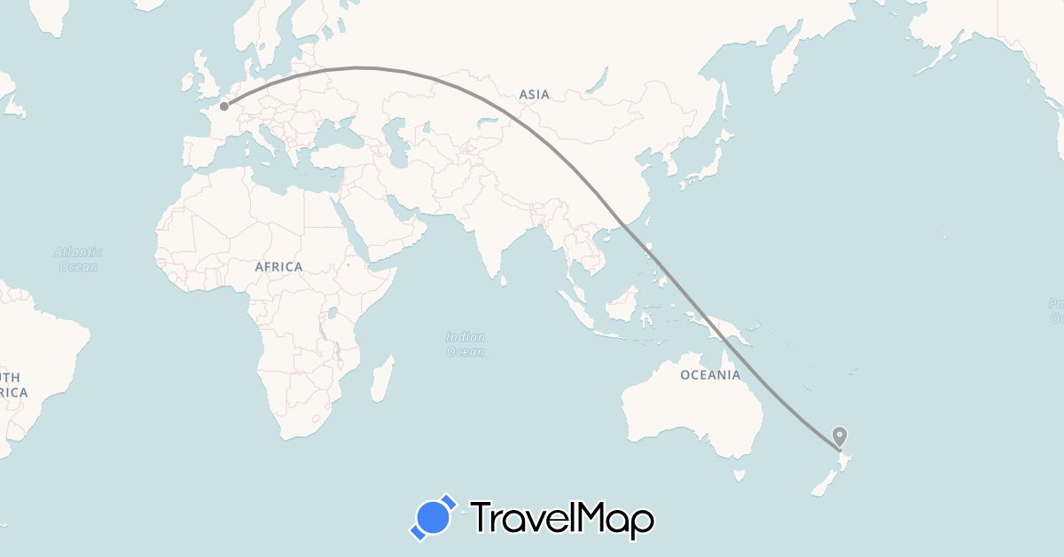 TravelMap itinerary: plane in China, France, New Zealand (Asia, Europe, Oceania)